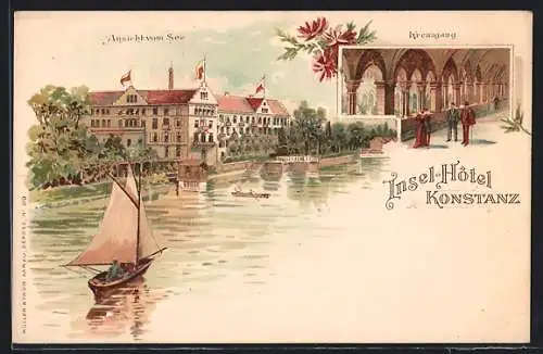 Lithographie Konstanz, Insel-Hotel - Ansicht vom See, Kreuzgang