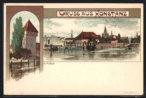 Künstler-AK K. Mutter: Konstanz, Ortsansicht vom Wasser aus