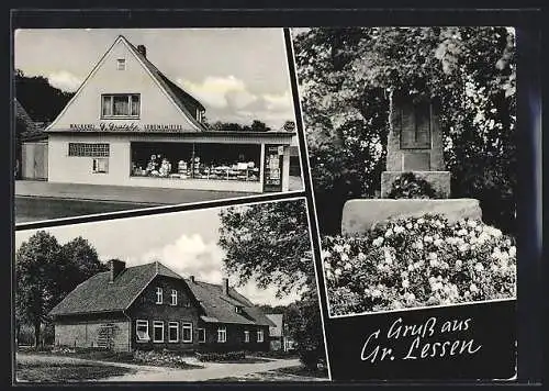 AK Gr. Lessen, Bäckerei G. Gratzke und Denkmal