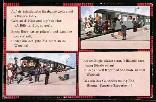 Künstler-AK Hans Boettcher: Bauer bindet Ziegenbock an schwäbische Eisenbahn