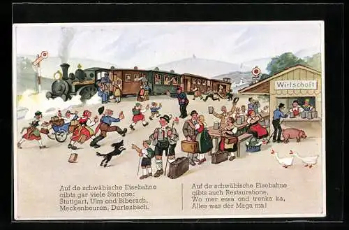 Künstler-AK Hans Boettcher: Auf de schwäbische Eisebahne..., Gastwirtschaft und Menschen am Bahnsteig