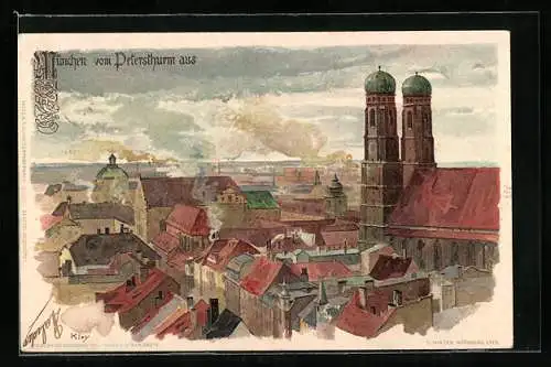 Künstler-AK Heinrich Kley: München, Blick über die Dächer vom Petersthurm aus