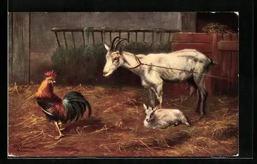 Künstler-AK Alfred Schönian: Hahn, Ziege und Zicklein im Stall