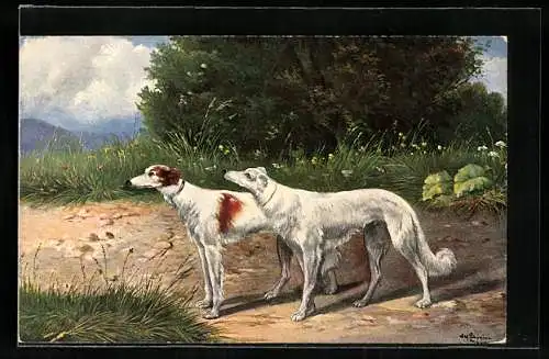 Künstler-AK Alfred Schönian: Windhunde auf einem Pfad stehend