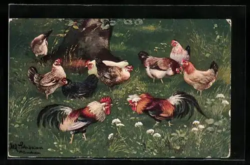 Künstler-AK Alfred Schönian: Balzende Hähne mit Hühnern auf einer Wiese