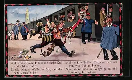 Künstler-AK Hans Boettcher: Schwäbische Eisenbahn, Mann mit Kind auf dem Arm versucht den Zug zu erreichen