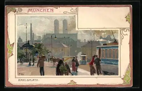 Künstler-AK Heinrich Kley: München, Karlsplatz mit Strassenbahnen