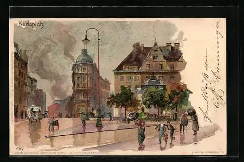 Künstler-AK Heinrich Kley: München, Karlsplatz bei Regen, Fussgänger mit Regenschirm