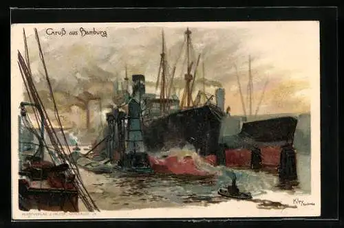 Künstler-AK Heinrich Kley: Hamburger Hafen