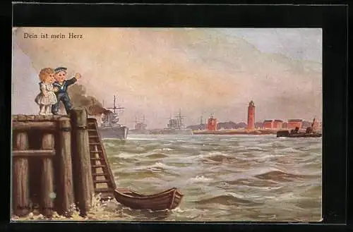 Künstler-AK Ad. Hoffmann: Dein ist mein Herz, Kinder am Hafen