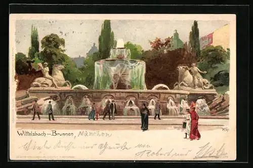 Künstler-AK Heinrich Kley: Partie am Wittelbach-Brunnen