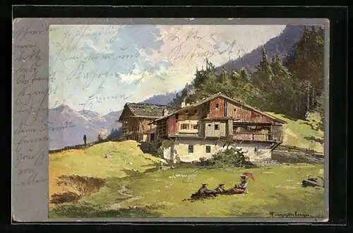 Künstler-AK Theodor Guggenberger: Berghütte am Waldrand, Passanten auf der Wiese