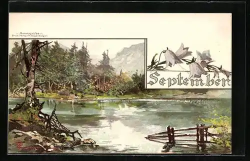 Künstler-AK T.Guggenberger: September, Waldsee am Spätnachmittag