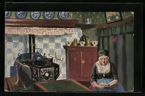 Künstler-AK Johan Georg Gerstenhauer: Ältere Dame liest in ihrer Küche