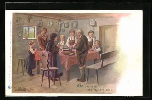 Künstler-AK E. Döcker: Familie betet beim Abendessen