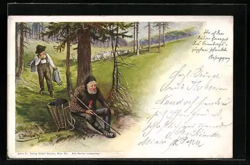 Künstler-AK E. Döcker: Rosegger, Schafhirte bei einer Rast auf der Waldlichtung