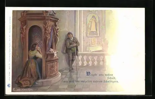 Künstler-AK E. Döcker: Vergib uns unsere Schuld!, Frau beichtet ihre Sünden im Beichstuhl