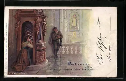 Künstler-AK E. Döcker: Frau in der katholischen Kirche im Beichtstuhl