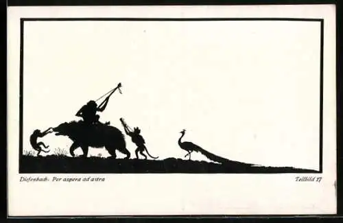 Künstler-AK Diefenbach: Scherenschnitt, Per aspara ad astra, Nr. 17, Affe mit Zupfinstrument reitet Bär, Pfau