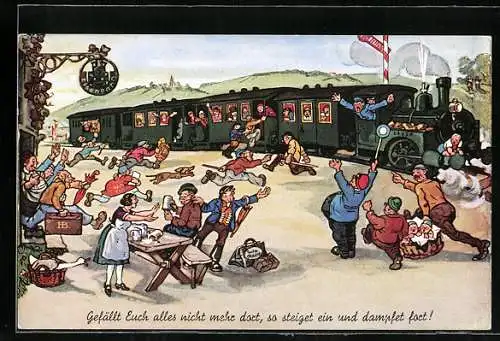Künstler-AK Hans Boettcher: Menschen am Bahnsteig wollen ihren Zug erreichen