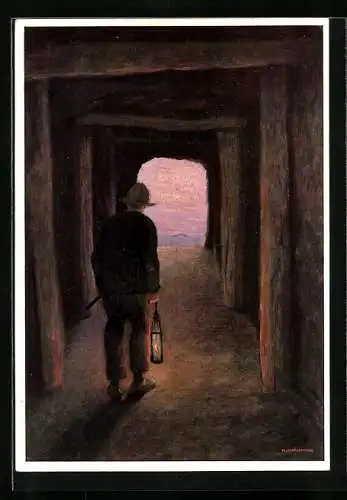 Künstler-AK Schönermark: Glück auf!, Bergarbeiter in der Mine