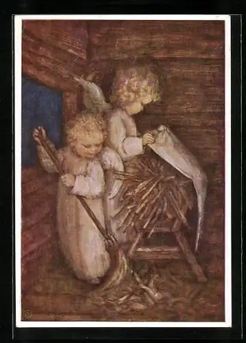 Künstler-AK Maria Spötl: Nun kommt Es bald, Engel bereiten Krippe vor