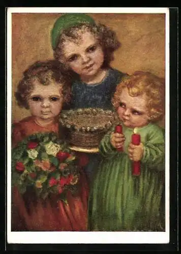 Künstler-AK Maria Spötl: Mädchen mit Torte, Blumenstrauss & Kerzen