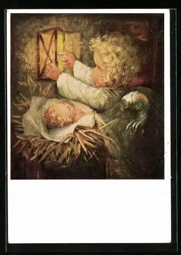 Künstler-AK Maria Spötl: Engel entzündet Laterne über dem Jesuskind