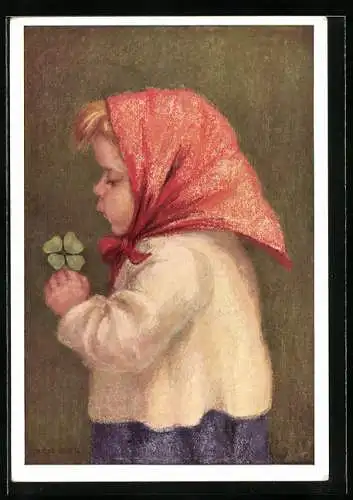 Künstler-AK Maria Spötl: Mädchen mit rotem Kopftuch und vierblättrigen Kleeblatt