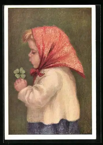 Künstler-AK Maria Spötl: Mädchen mit rotem Kopftuch und vierblättrigen Kleeblatt