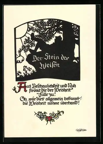 Künstler-AK Georg Plischke: Der Stein der Weisen, Mann entspannt auf Felsen