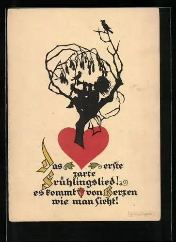 Künstler-AK Georg Plischke: Schattenbild, Das erste zarte Frühlingslied..., Kind mit Flöte auf Baum mit Vögeln