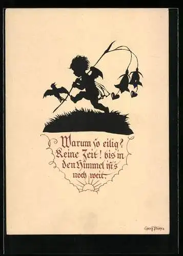 Künstler-AK Georg Plischke: Warum so eilig?, Engelskind auf Wanderschaft