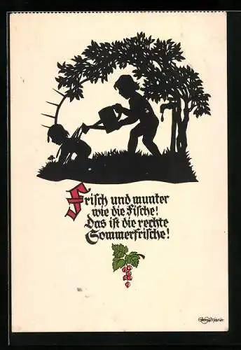 Künstler-AK Georg Plischke: Frisch und munter wie die Fische!..., Kinder mit Giesskanne, Schattenbild