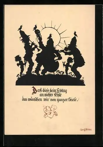 Künstler-AK Georg Plischke: Dass dir`s dein Lebtag an nichts fehle, das wünschen wir dir von ganzer Seele, Schattenriss