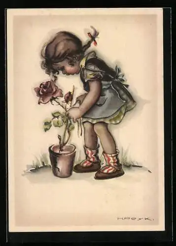 Künstler-AK Hilla Peyk: Mädchen bepflanzt einen Blumentopf