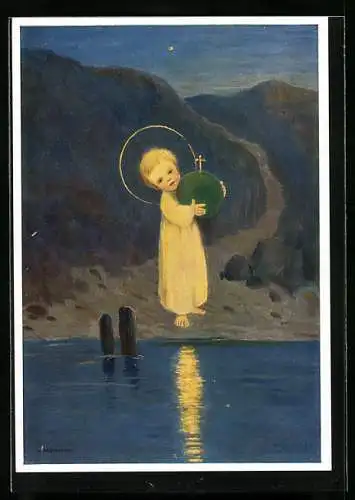 Künstler-AK M. Schönermark: Die Liebe wartet auf Dich..., Der Heiligenschein, das Kreuz, am Wasser, in der Nacht