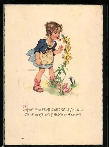 Künstler-AK Ilse Wende-Lungershausen: Mädchen riecht an gelber Wildblume, Vers