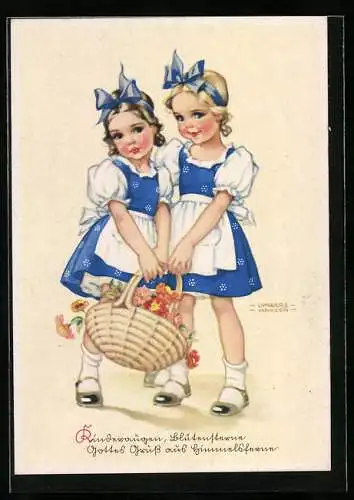 Künstler-AK Ilse Wende-Lungershausen: Geschwister mit einem Weidenkorb voller Blumen