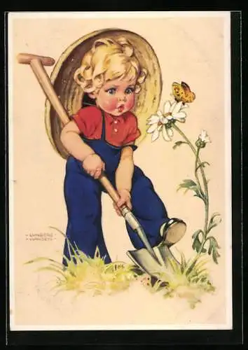 Künstler-AK Ilse Wende-Lungershausen: Junge gräbt mit einem Spaten eine Blume aus