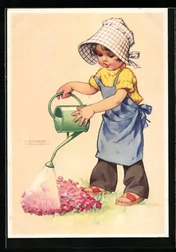 Künstler-AK Lungers Hausen: Mädchen mit Giesskanne