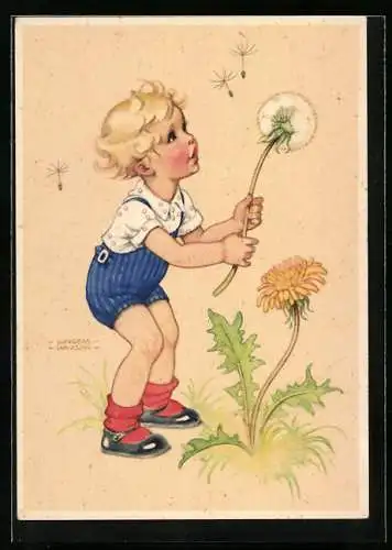 Künstler-AK Lungers Hausen: Junge mit Pusteblume