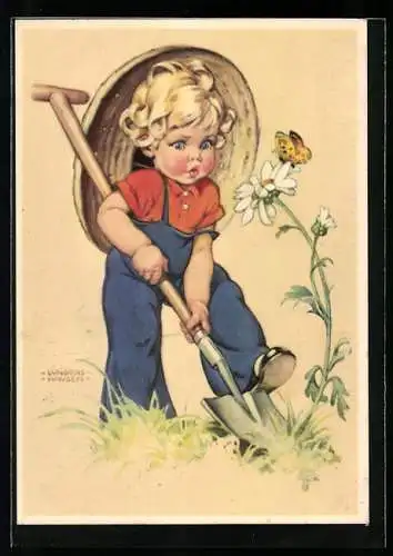 Künstler-AK Ilse Wende-Lungershausen: Junge gräbt mit einem Spaten eine Blume aus