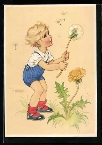 Künstler-AK Lungers Hausen: Junge mit Pusteblume