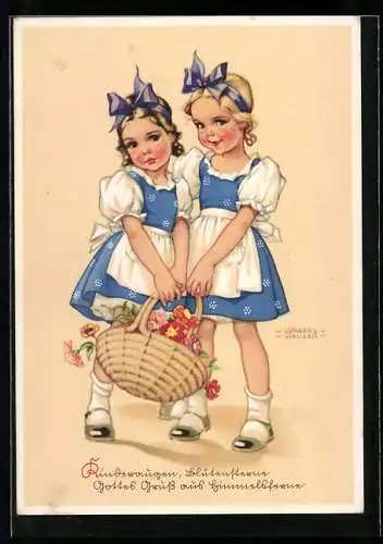 Künstler-AK Ilse Wende-Lungershausen: Geschwister mit einem Weidenkorb voller Blumen