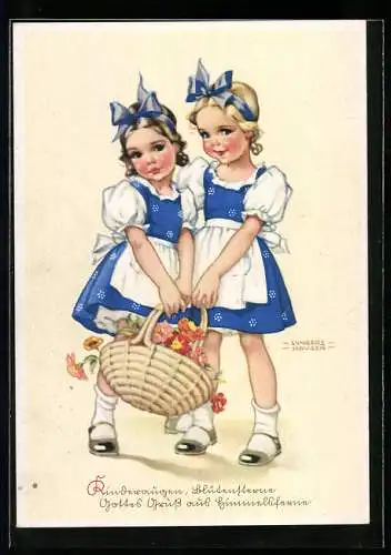 Künstler-AK Ilse Wende-Lungershausen: Geschwister mit einem Weidenkorb voller Blumen