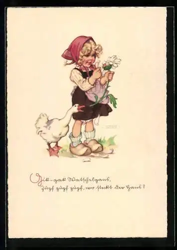 Künstler-AK Ilse Wende-Lungershausen: Kleines Mädchen zupft die Blüten eines Gänseblümchens