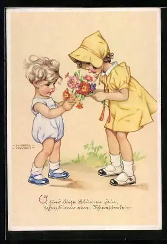 Künstler-AK Ilse Wende-Lungershausen: O, sind die Blumen fein, schenk mir ein, Schwesterlein, Echtes Glückskleeblatt