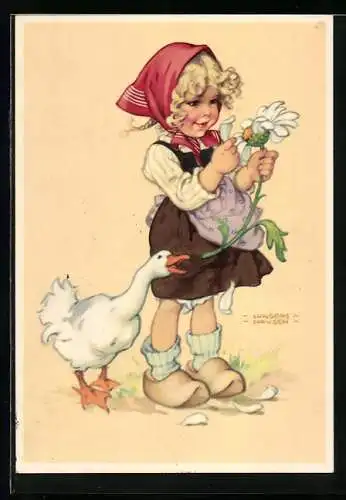 Künstler-AK Lungers Hausen: Kleines Mädchen zupft Blütenblätter von einer Blume, Gans