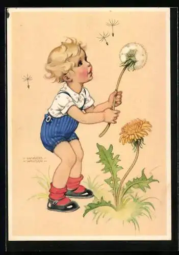 Künstler-AK Lungers Hausen: Junge mit Pusteblume